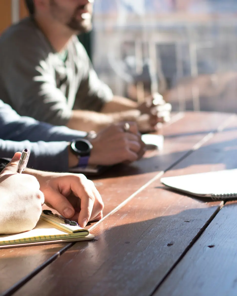 Team members taking notes during a collaborative corporate education meeting.