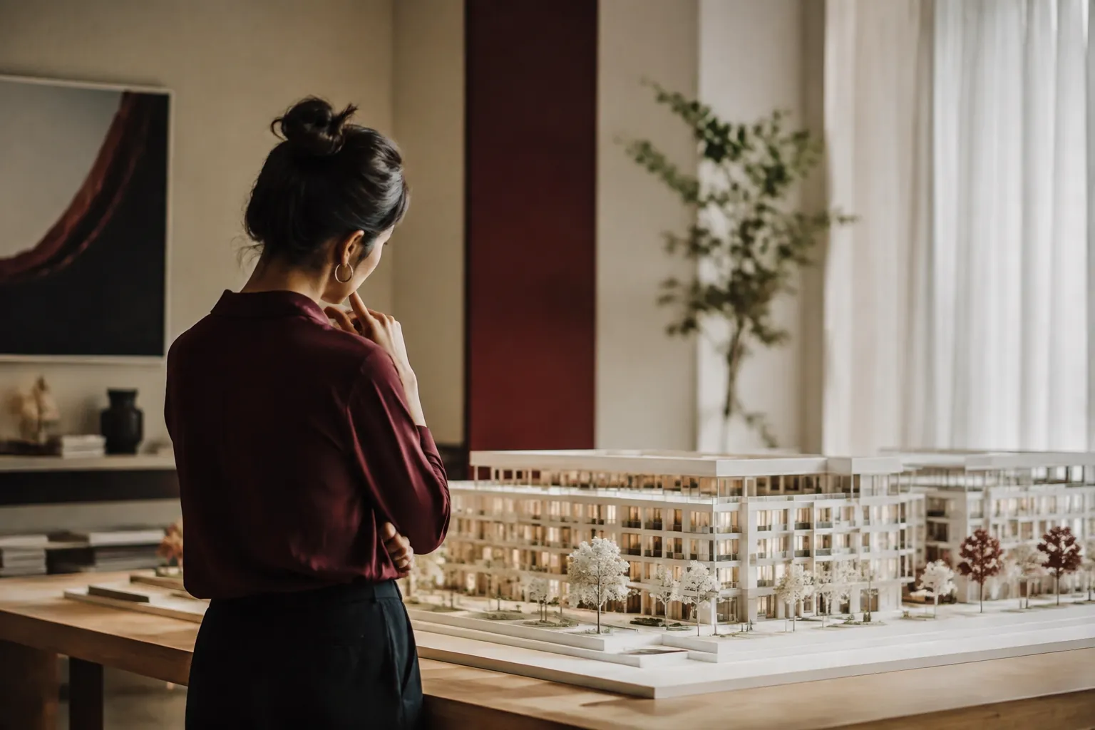 A prospective buyer studying an architectural model