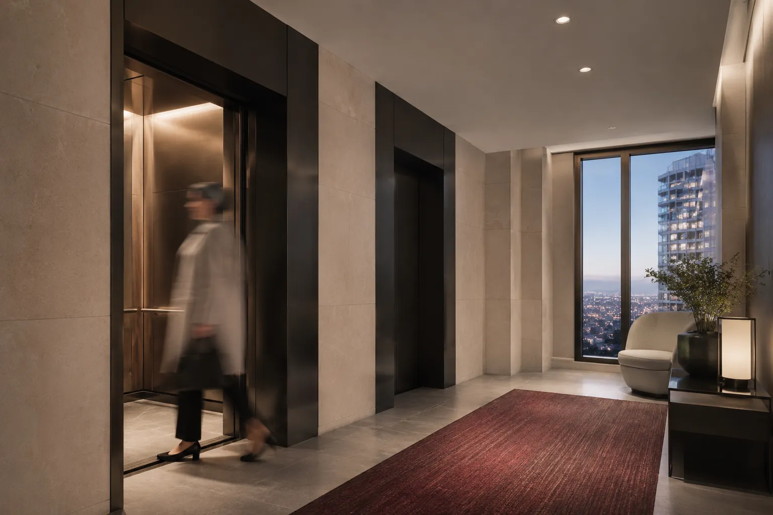 A contemporary high-rise elevator lobby