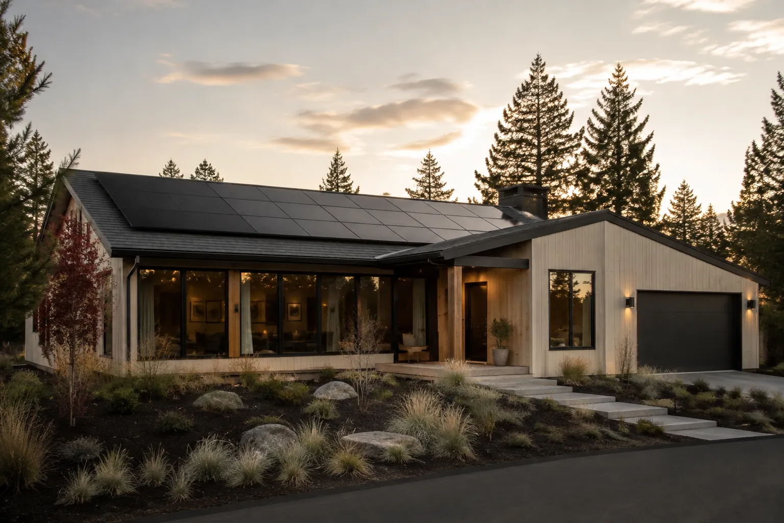 Solar panels integrated into a contemporary home